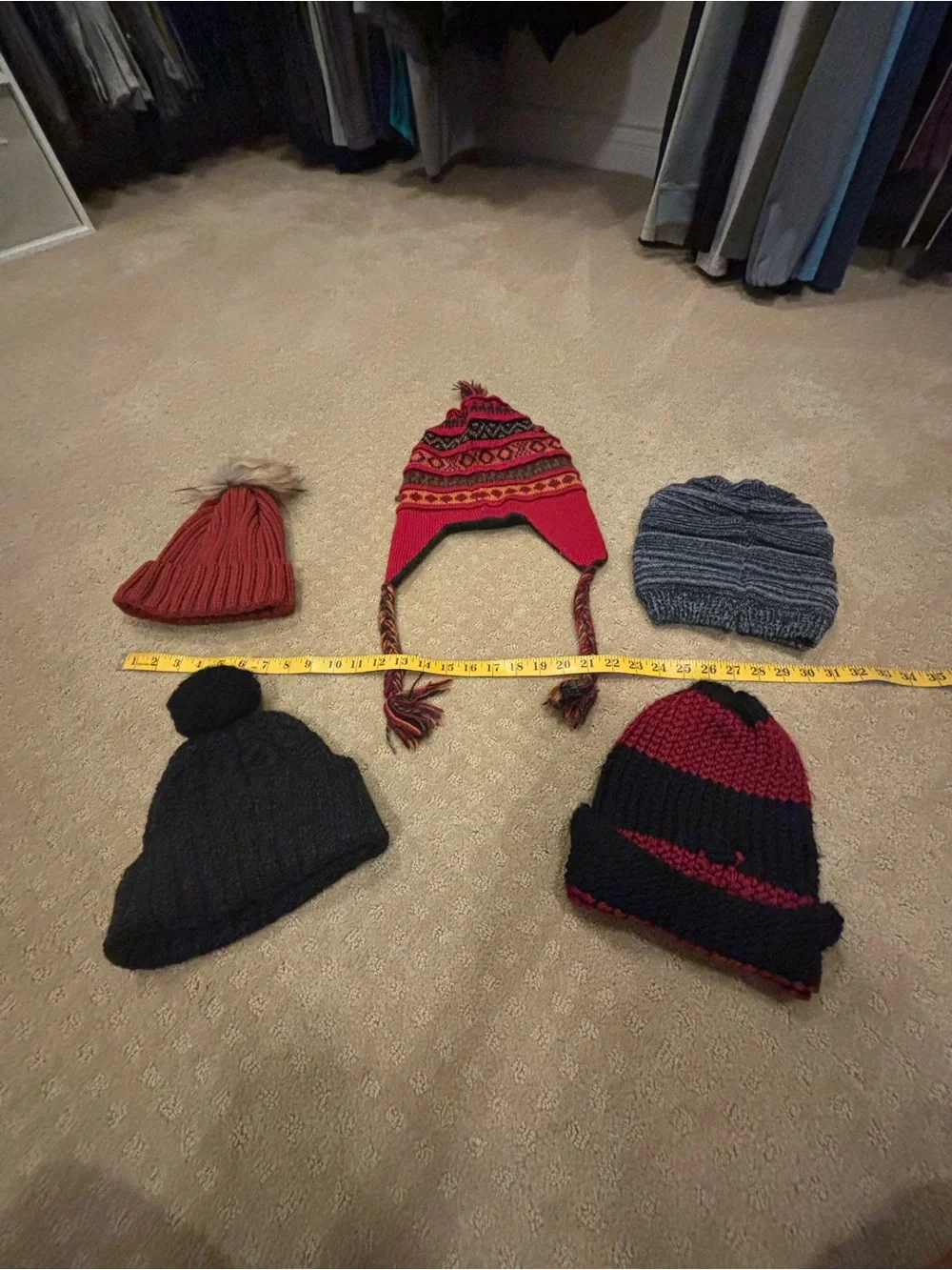 Lot of 7 Knit Beanies and Earflap Hat - Red, Gray, Black, Orange